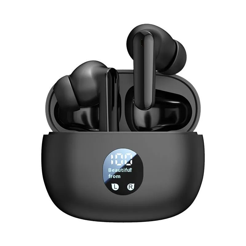 Wireless in-ear sports headset with noise reduction, waterproof PC ABS design, digital display, shown in black