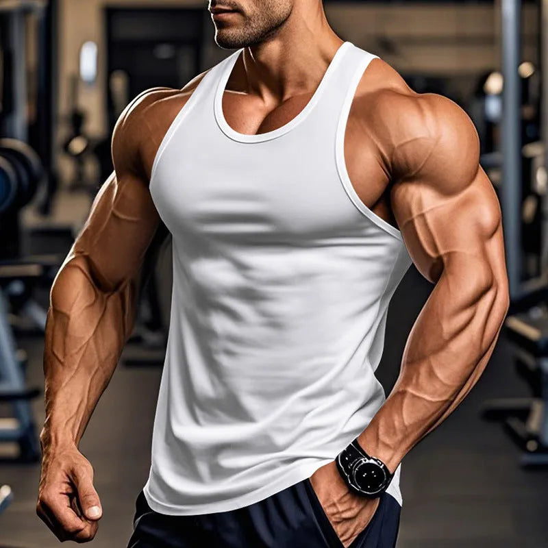 Men's black quick-dry polyester sports fitness vest with slim fit and straight hem on a model