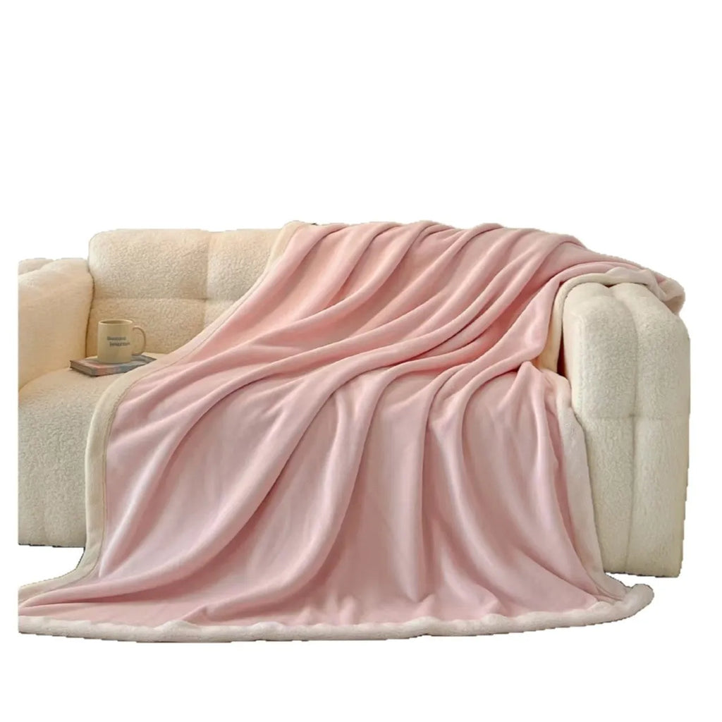 Soft flannel blanket in solid colour light luxury style, available in pink, green, peach orange, or lilac purple
