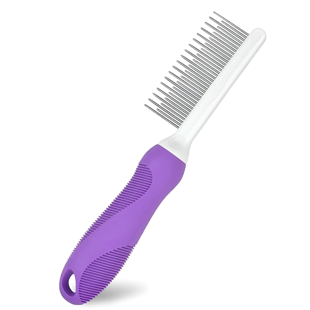 Purple pet grooming comb with stainless steel long and short teeth on a wooden surface.