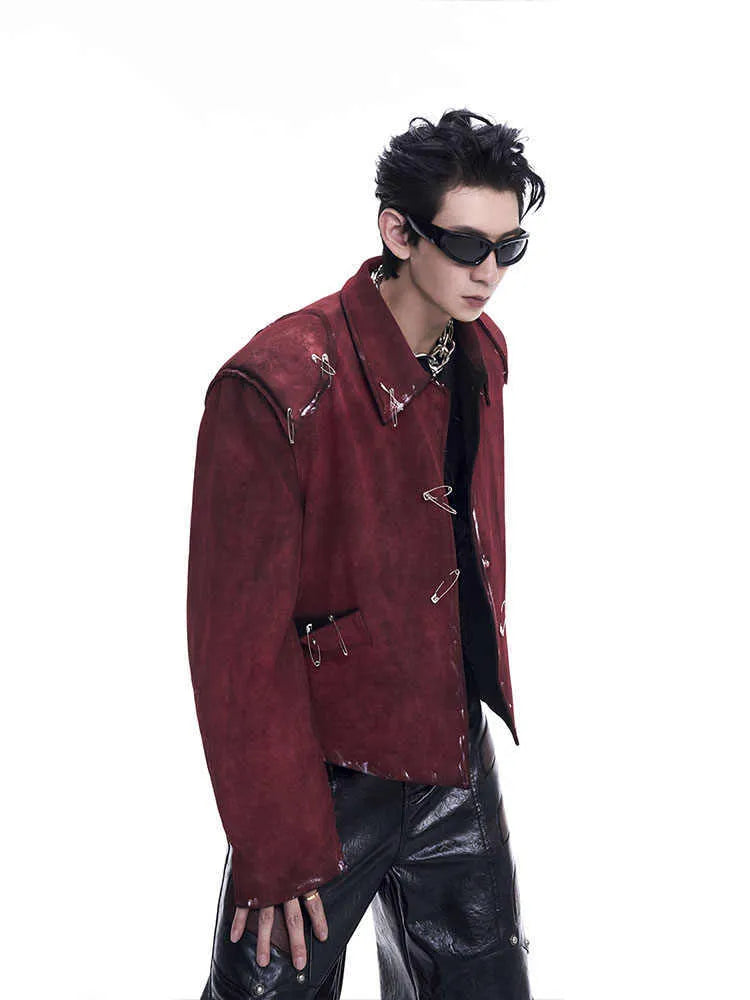 Red men's quilted jacket with decorative pin design and lapel collar, loose fit styling