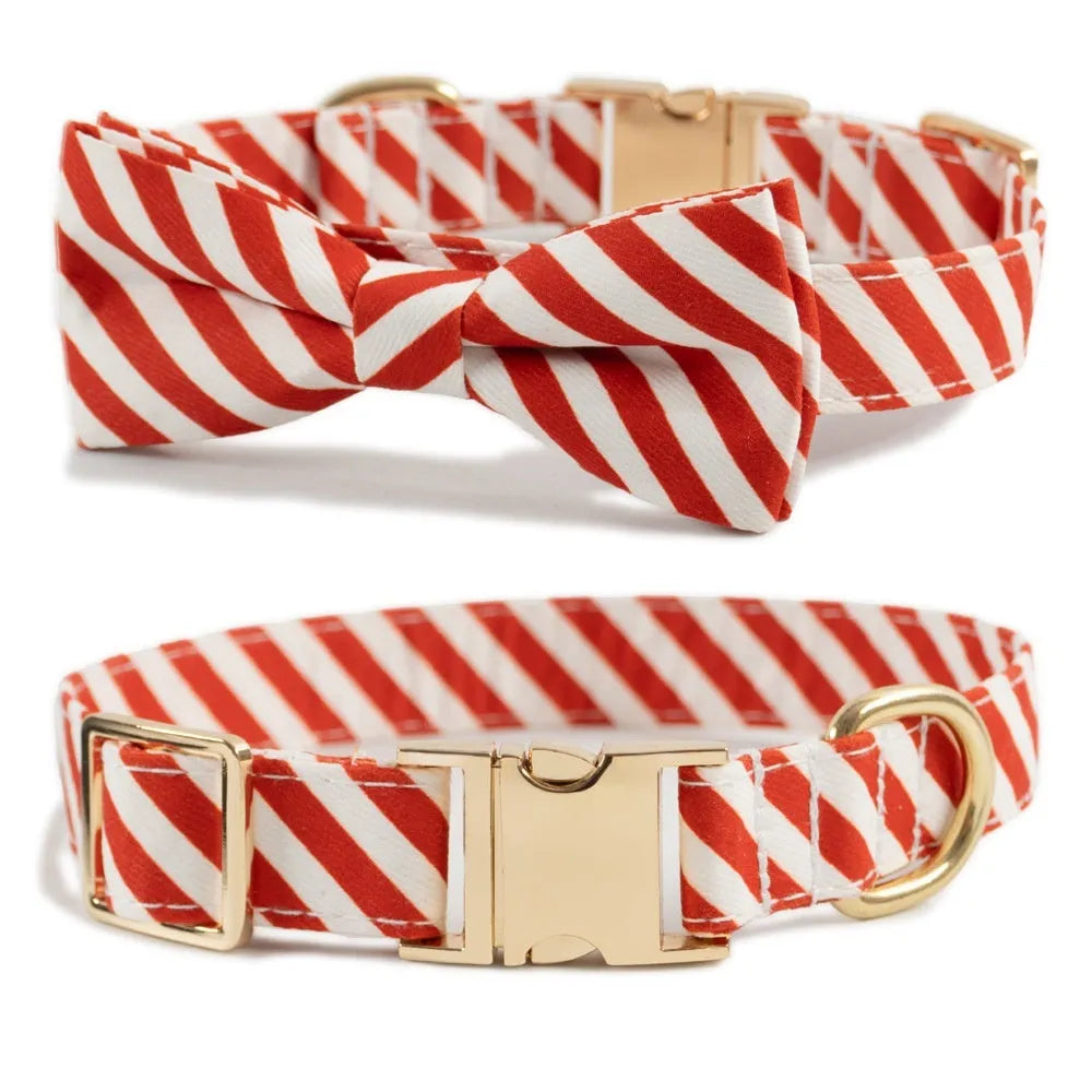 Striped engravable dog collar with bow in candy green, showing size adjustment.