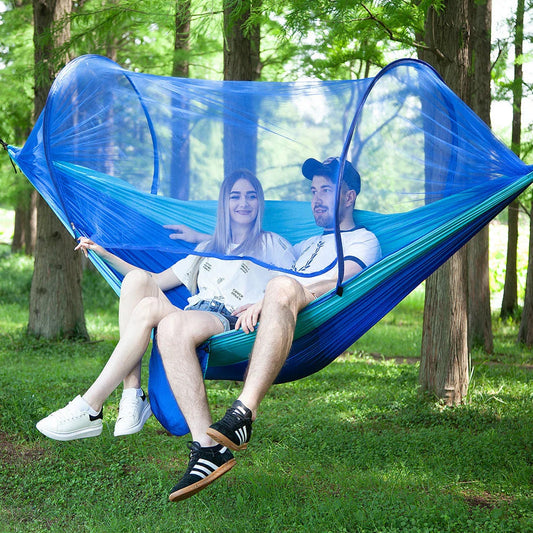 Premium 210T nylon outdoor hammock with mosquito net, featuring a quick pop-up design for easy setup and versatile use in various outdoor settings.