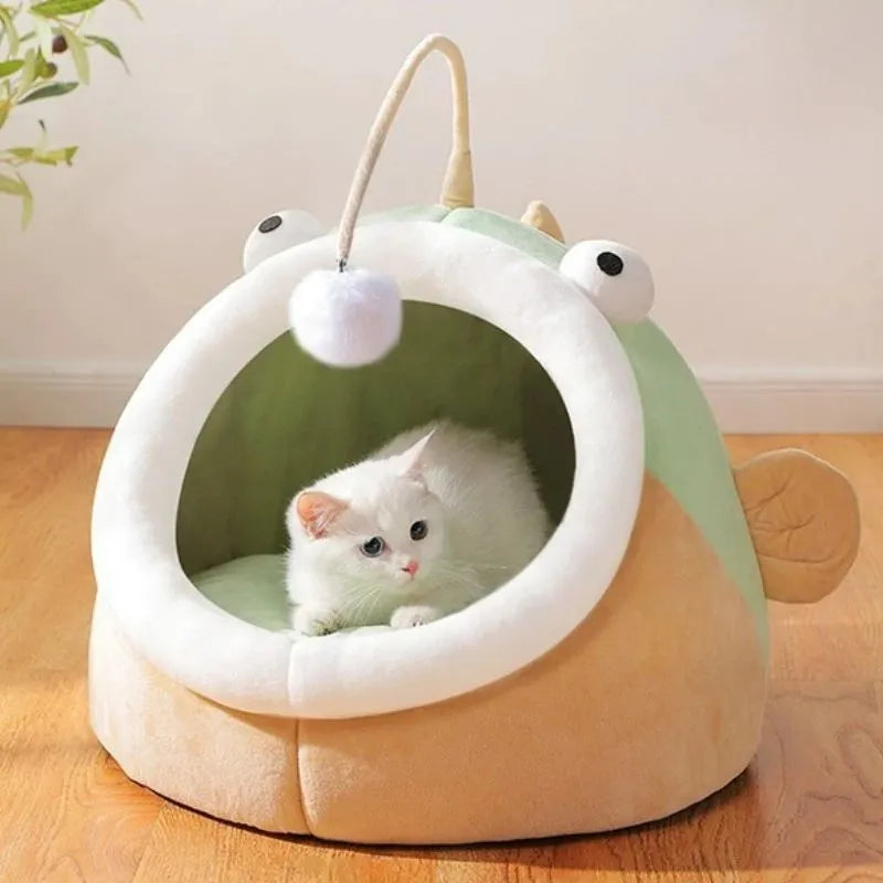 Grey deerskin velvet semi-closed cat house pet bed shown in medium size