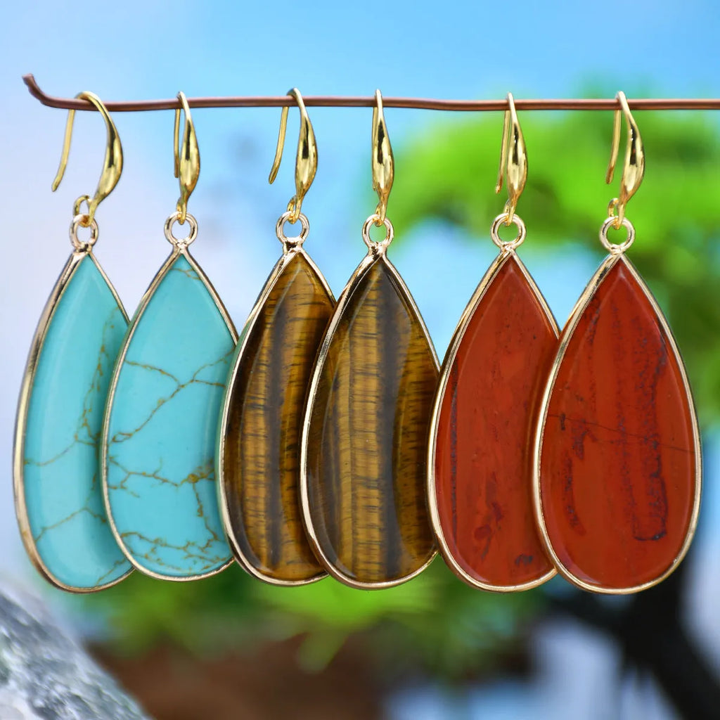 Vintage tigereye long water drop earrings with stone materials and manual processing