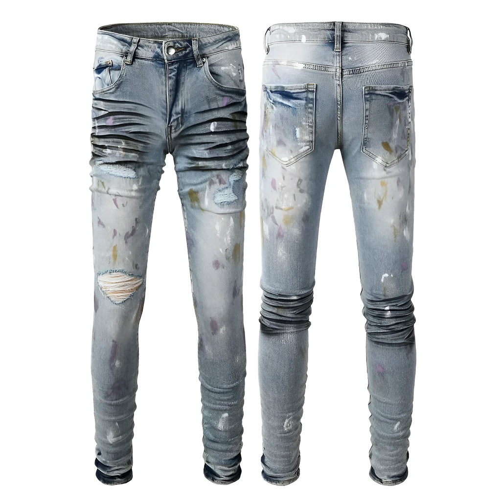 Men's slim fit ripped jeans in light blue with tapered cotton denim, zip fly and double layer belt waist