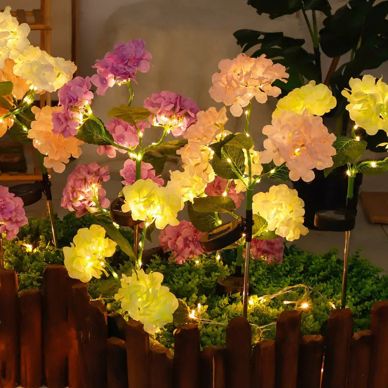 Solar hydrangea garden decorative lights in multiple colours with floor outlet design for outdoor placement