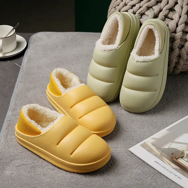 Yellow waterproof EVA garden slippers with a plush lining and textured non-slip sole.