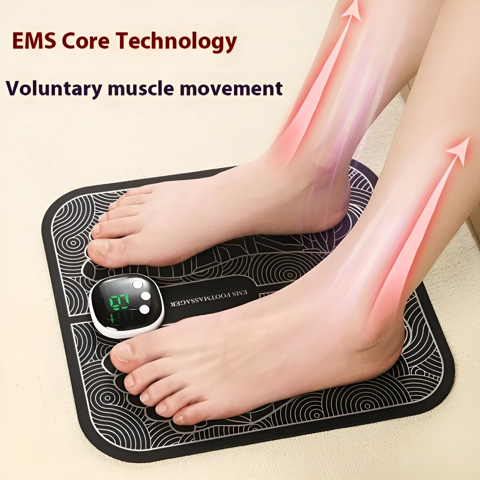 Blue rechargeable reflexology foot massager mat with remote control on a wooden floor