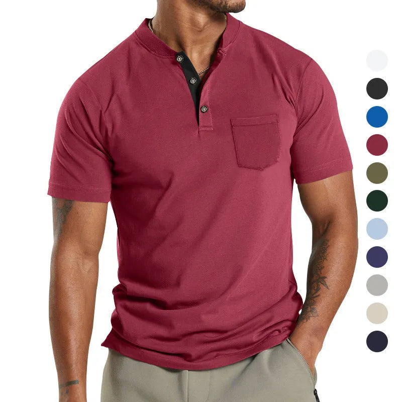 Men's plus size short sleeve polyester shirt with a button pocket in a solid colour