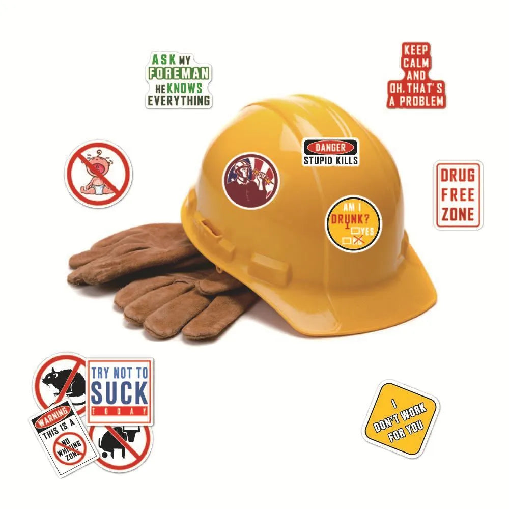 Pack of 50 waterproof PVC warning stickers for motorcycle helmets and skateboards.