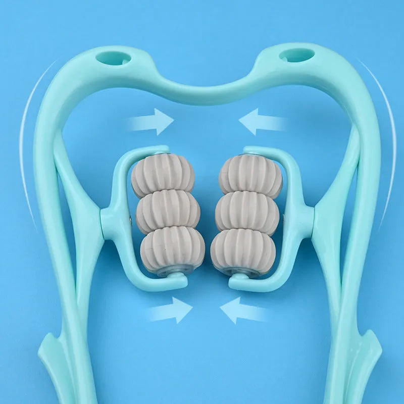 Blue swan-shaped six-wheel manual neck massager with rotating balls and natural jade scraping board on white background