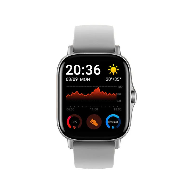 GT20 smart watch with alloy case and silicone band showing heart rate monitoring on 1.75-inch screen