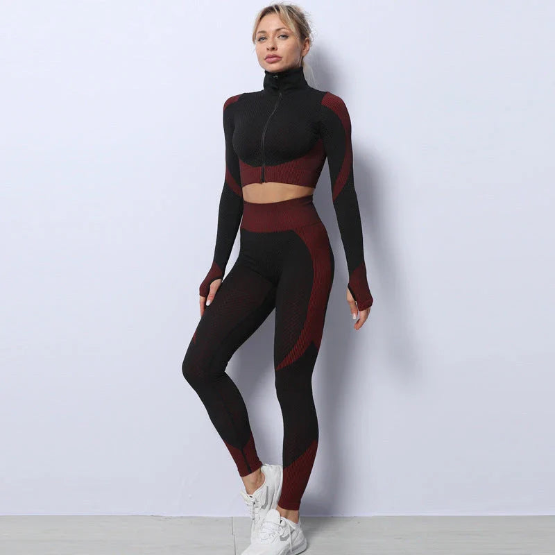 Seamless workout set with leggings, sports bra, and crop top in various vibrant colors