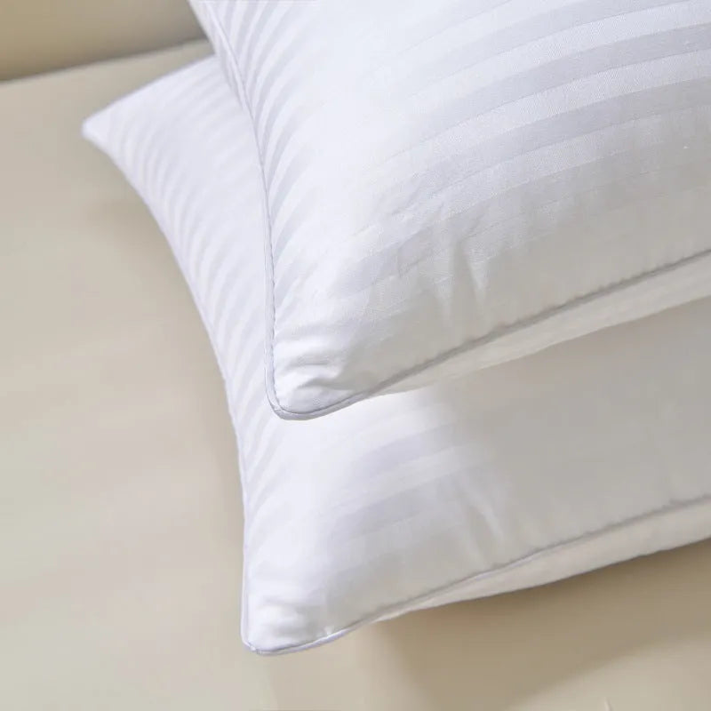 White hotel cotton satin stripe pillow with feather and cotton filling showing 2cm stripe detail