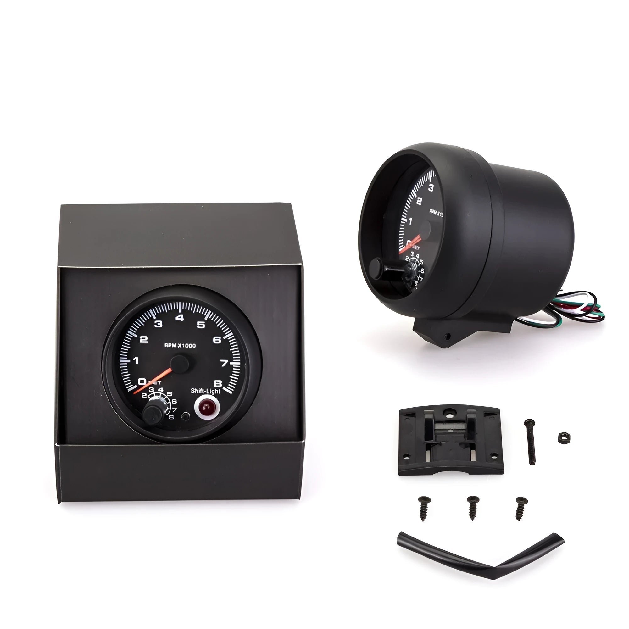 Black plastic automotive tachometer with blue light pointer display showing 0-8000 rpm range