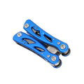 Blue multi-function stainless steel pliers with folding knife shown with Oxford storage bag
