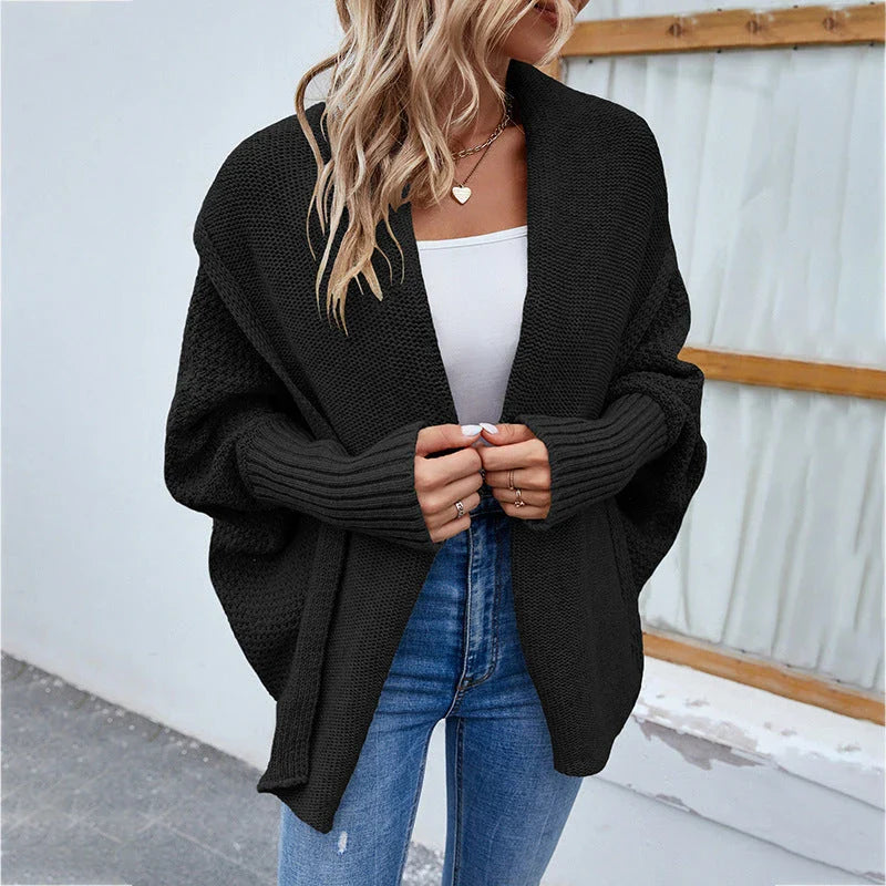 Cozy knit cardigan jacket in various colors with relaxed bat-wing sleeves and large lapel design for women's fall and winter fashion