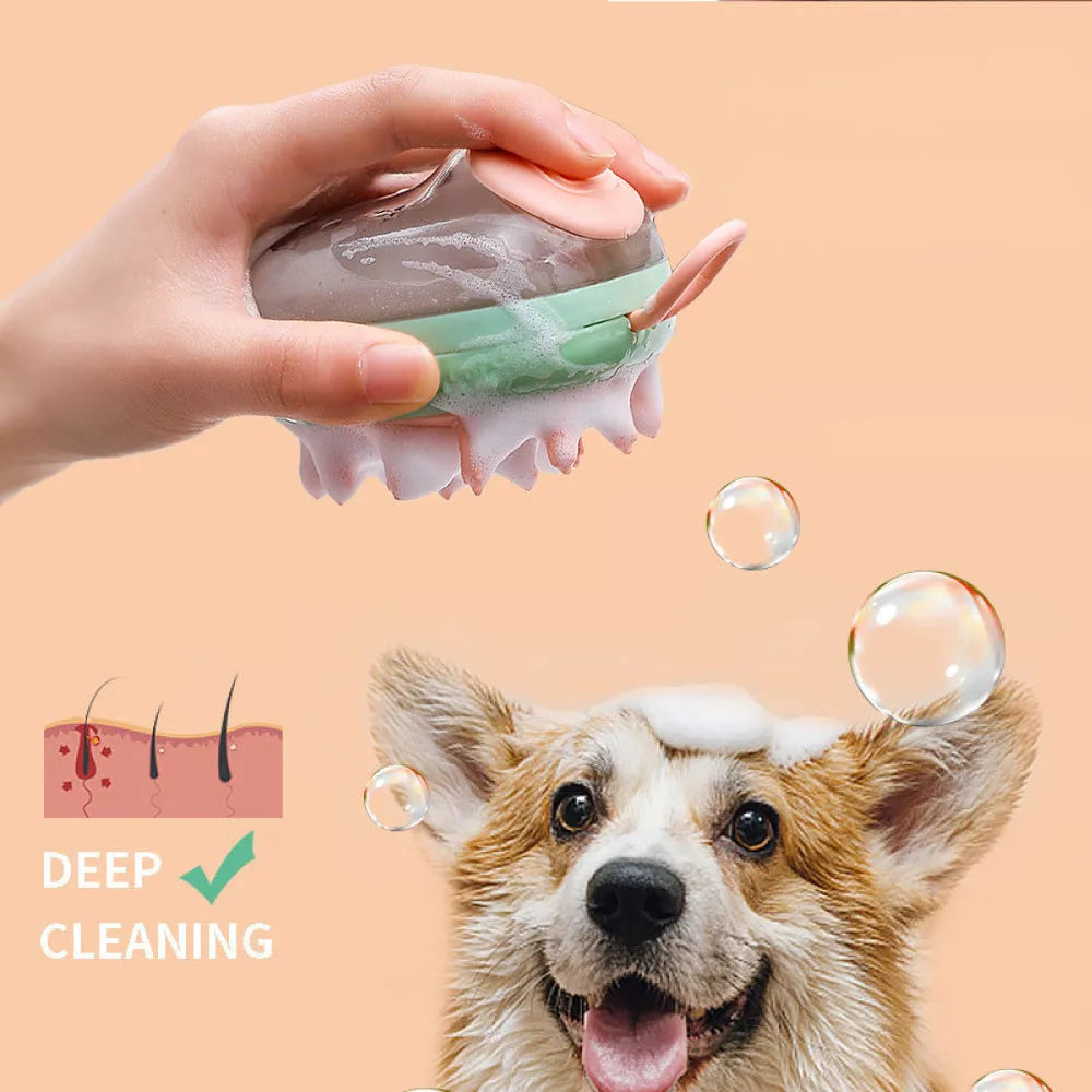 Blue and green 2-in-1 pet grooming brush with shampoo dispenser and silicone bristles