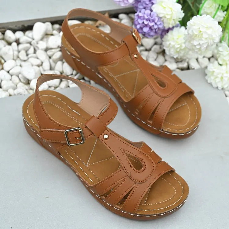 Women's casual PU sandals with ankle-strap buckle, round toe, dark brown colour