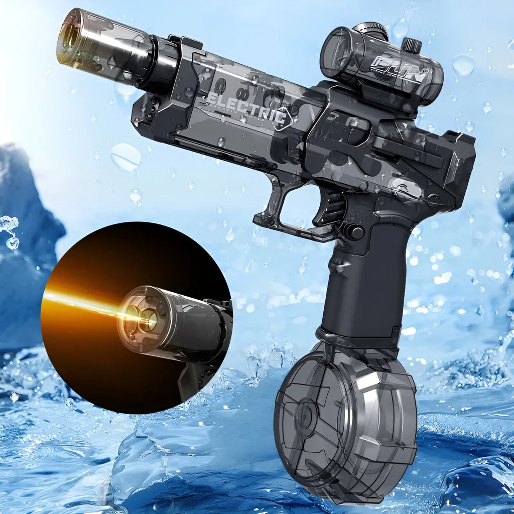 Electric water pistol with light effects showing automatic water feeding system