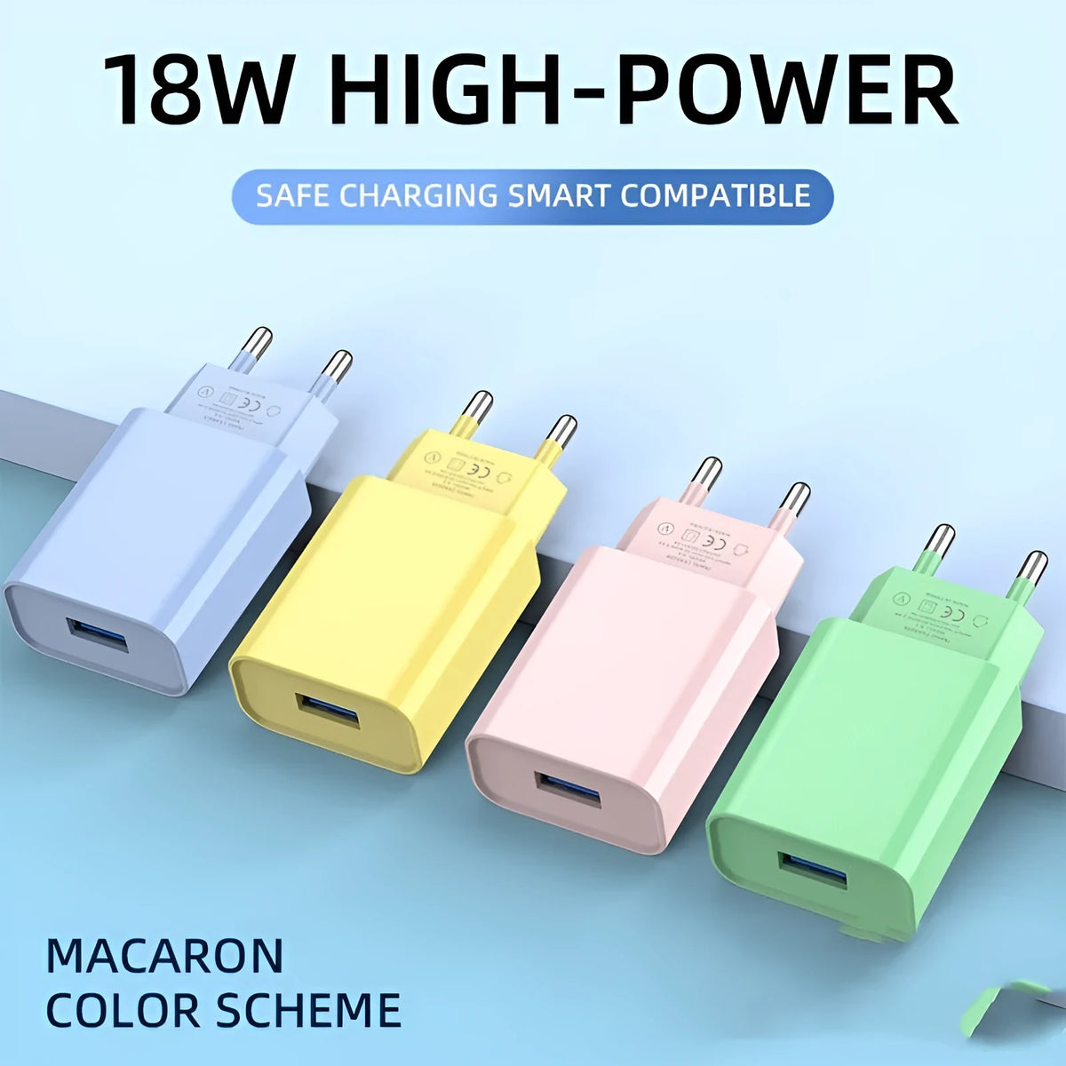 Macaron QC30 charging plug with European standard plug, shown for EU Blue, Green, Pink, and Yellow Macaron Euro models