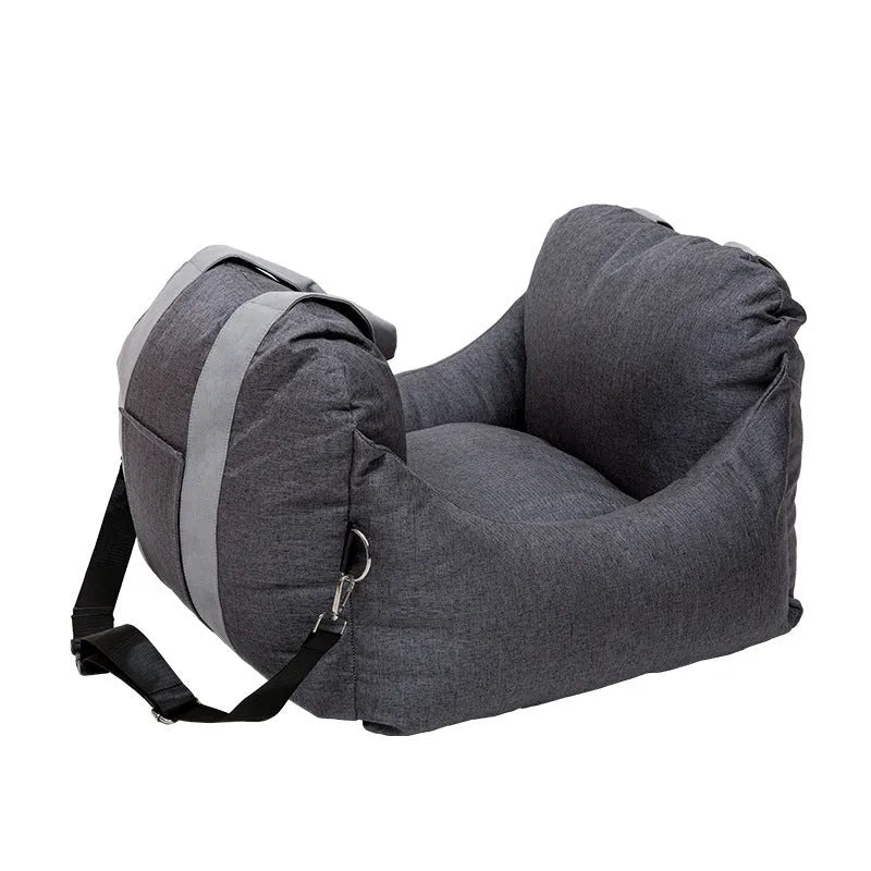 Dog car kennel cushion for co-driver seat in grey cationic linen, suitable for pets under 10kg