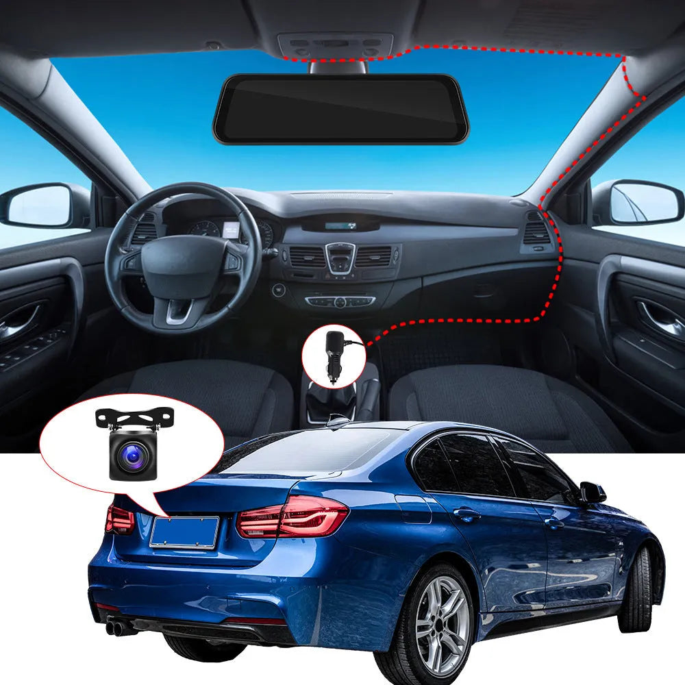 9.66-inch touchscreen car dash cam rear view mirror with CarPlay and Android Auto display