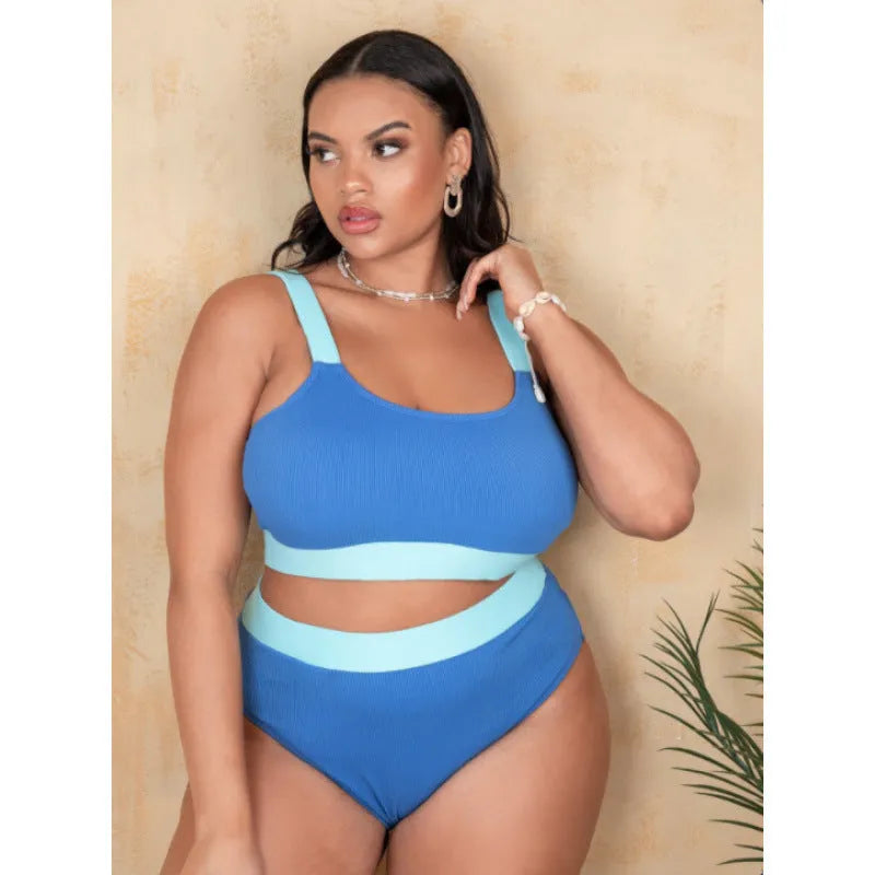 Women's solid colour polyester bikini set with high-waisted briefs.