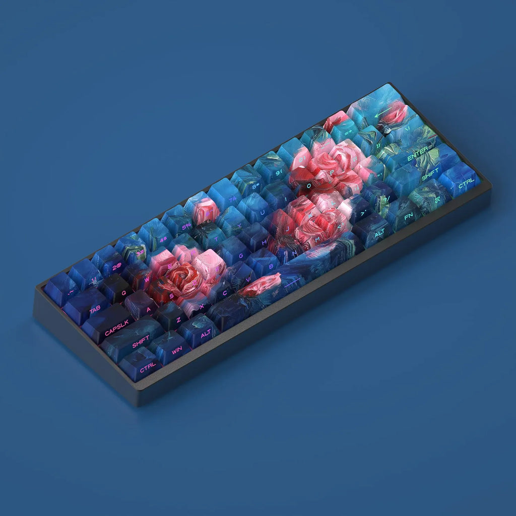 Oil painting style side carving transparent PBT keycaps in rose colour, 130 pieces for mechanical keyboards