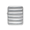Puff bag laptop sleeve in black showing elastic sides and padded construction for 9.7-11 inch devices