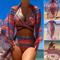 Women's three-piece swimsuit set in pictured colour, showing cutout sleeveless top, high-waist briefs, and a cover-up coat.