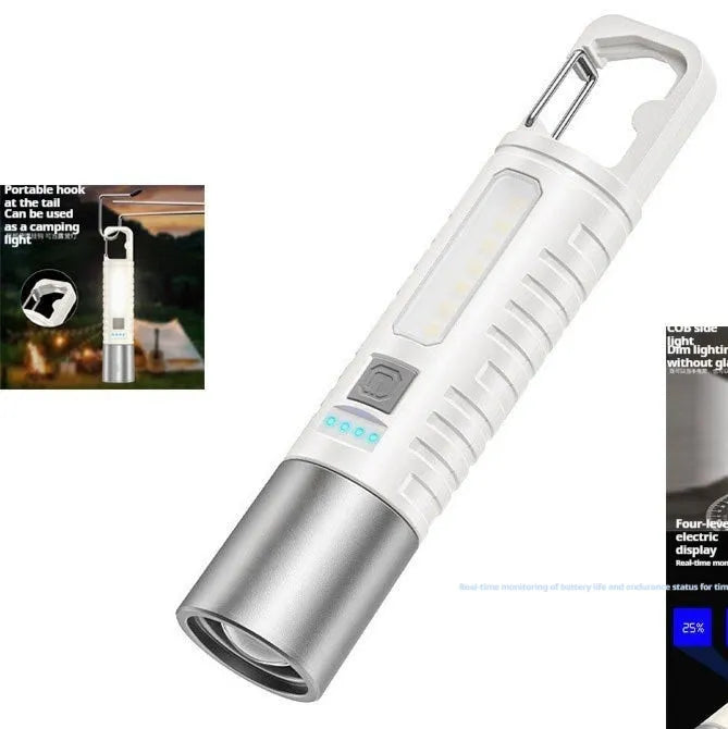High-power flashlight with telescopic optical zoom, ABS body and keychain fitting