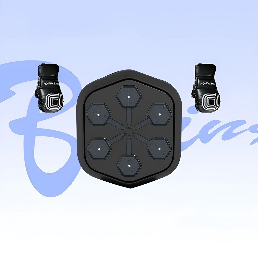 Black smart boxing machine with Bluetooth symbol and Velcro design on EVA surface.