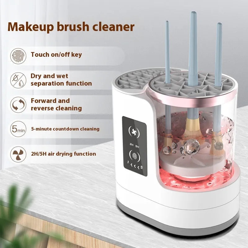 Electric makeup brush cleaner with drying chamber showing brushes inside cleaning device