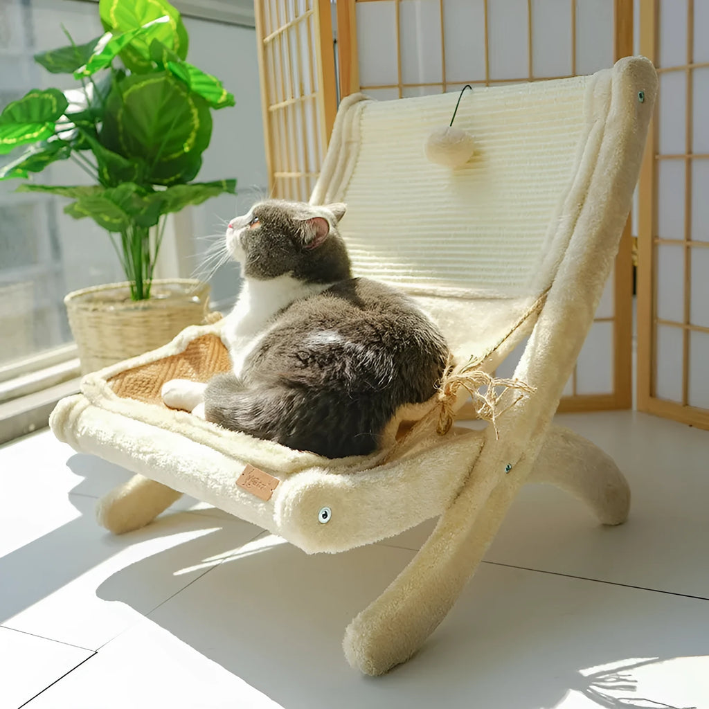 Cat sofa bed sunbathing chair in beige or dark grey with back mat, made from sisal, wood, corrugated paper, and hemp rope