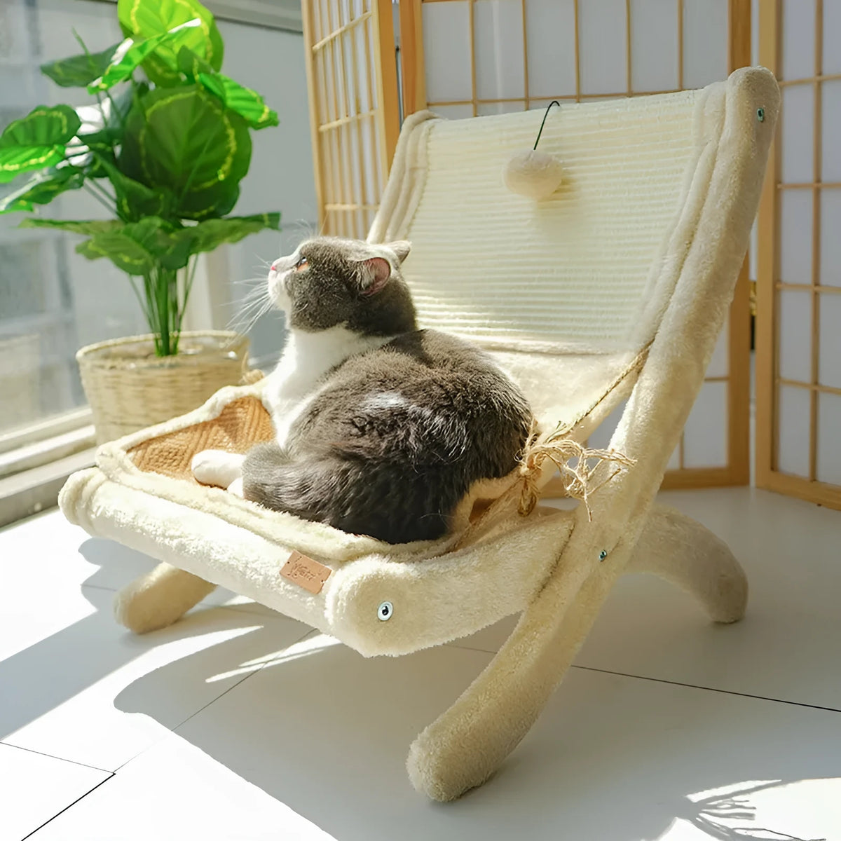 Cat sofa bed sunbathing chair in beige or dark grey with back mat, made from sisal, wood, corrugated paper, and hemp rope