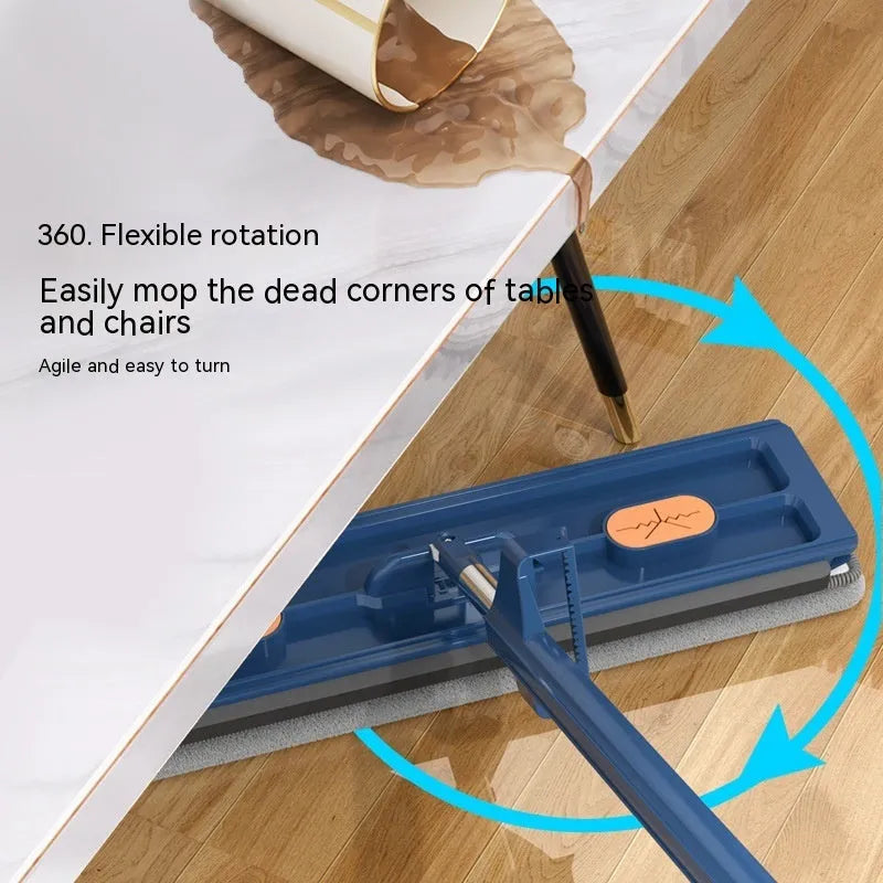 Large flat mop with stainless steel long handle and blue cloth showing 360-degree rotating head mechanism