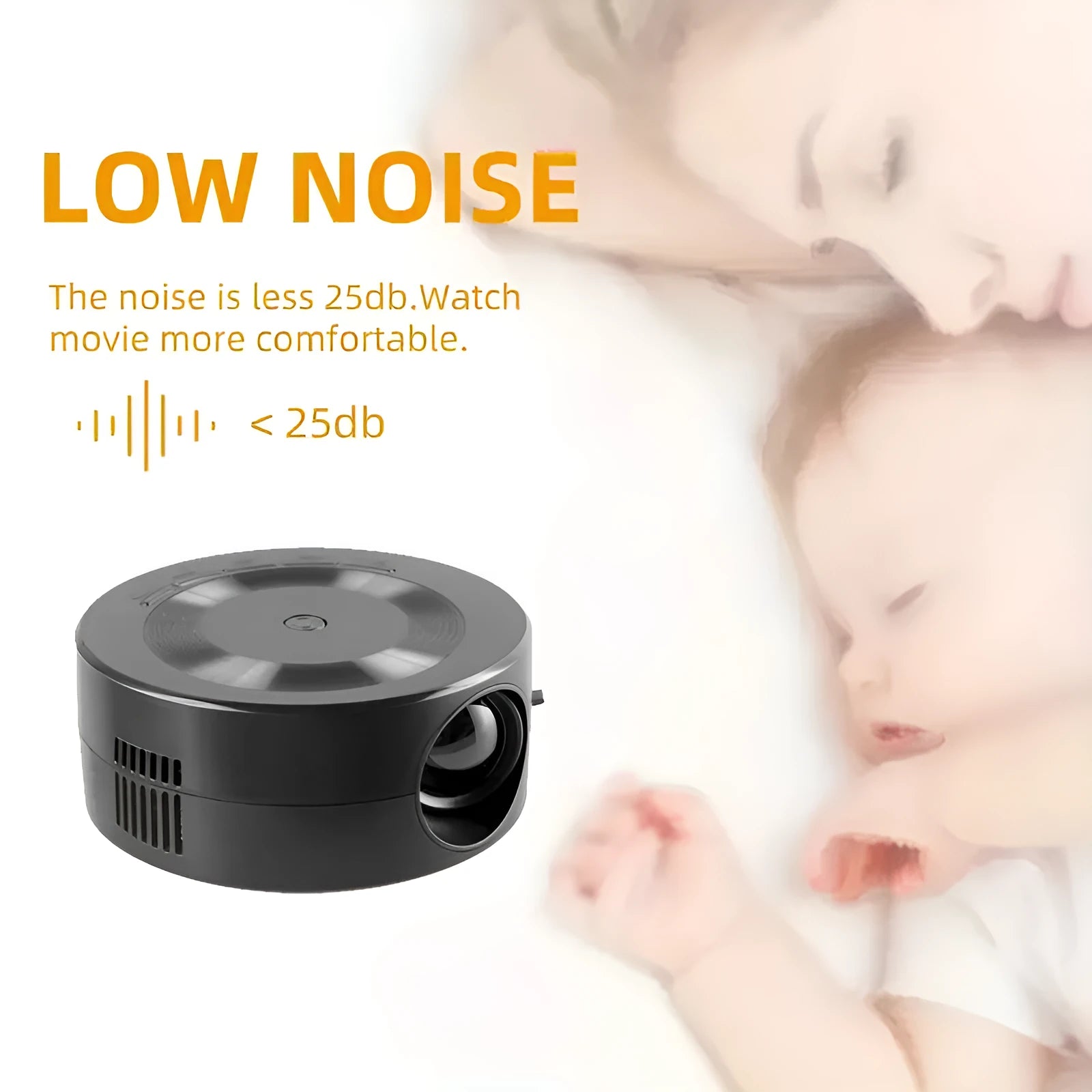 Black portable 1080p wired mobile projector with USB power cable on a surface