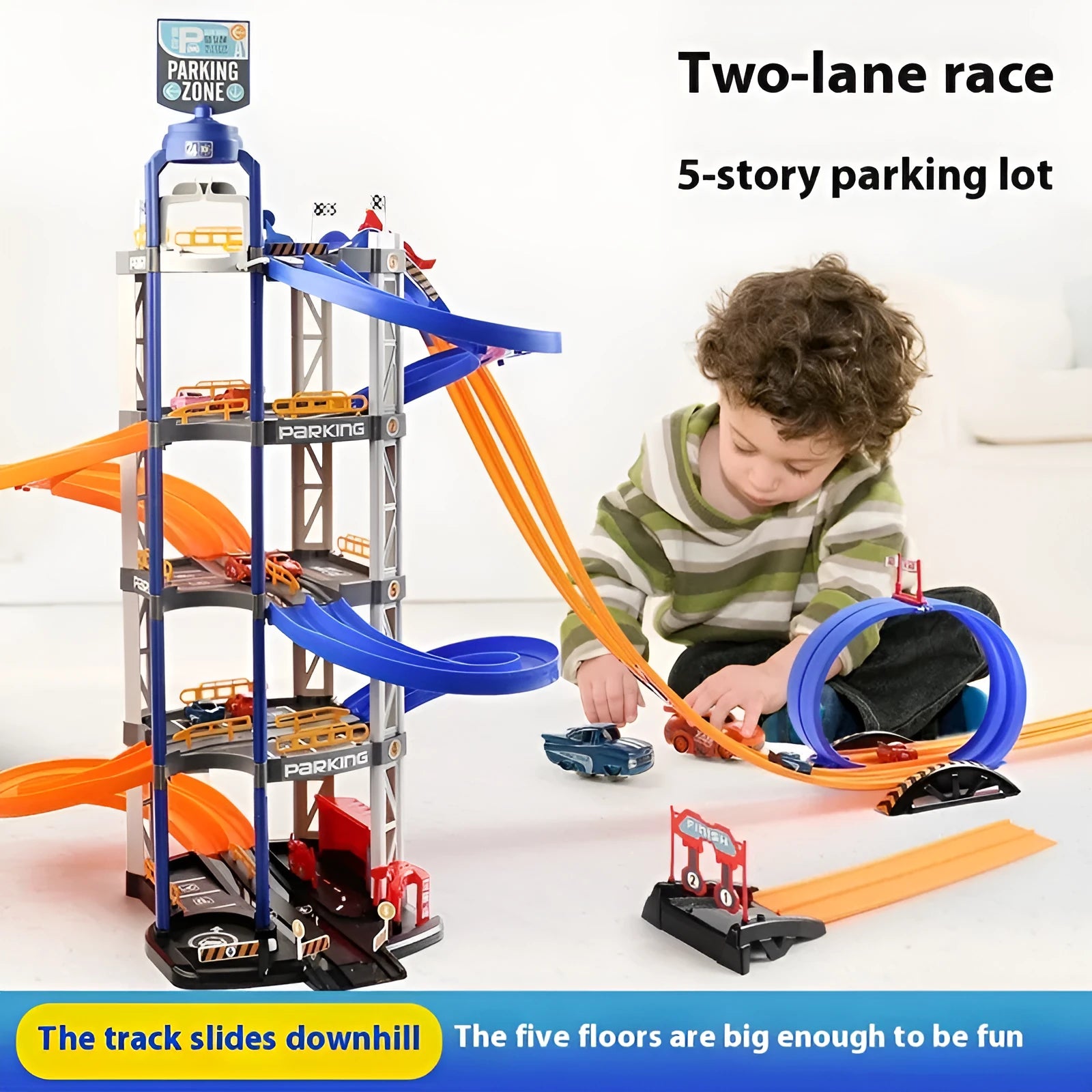 Two-lane competition 5-storey 8-car parking lot toy in plastic with electric manual dual mode, English version T705
