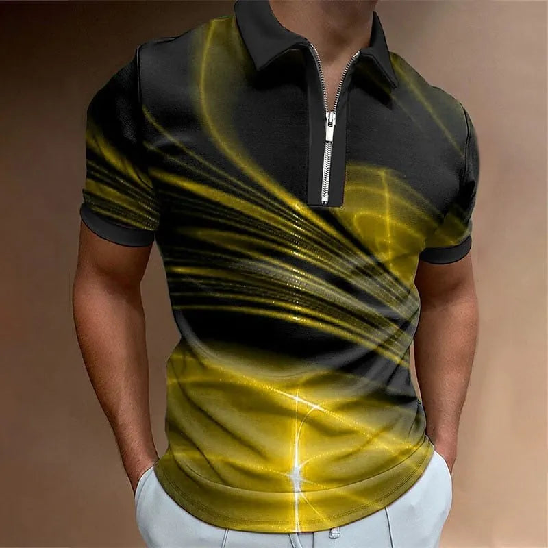 Men's blue zipper polo shirt with short sleeves and loose fit design