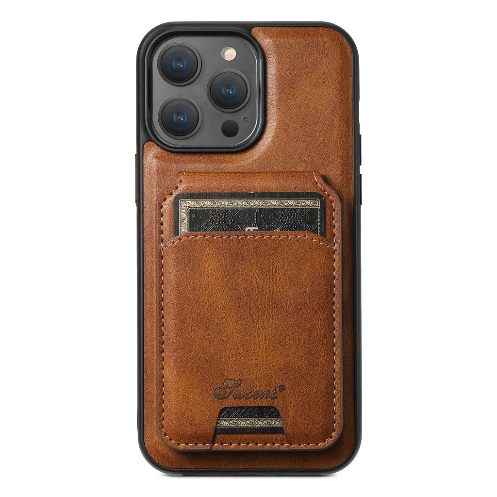Black silicone Magsafe iPhone case with built-in rear card holder and oil wax pattern finish.
