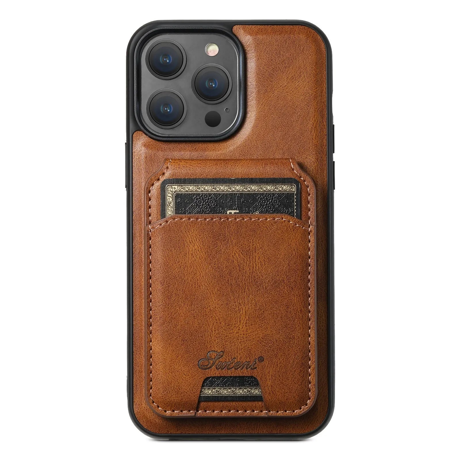 Black silicone Magsafe iPhone case with built-in rear card holder and oil wax pattern finish.