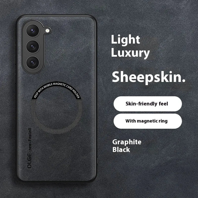 Samsung magnetic wireless charging phone case in graphite black imitation leather, back cover design