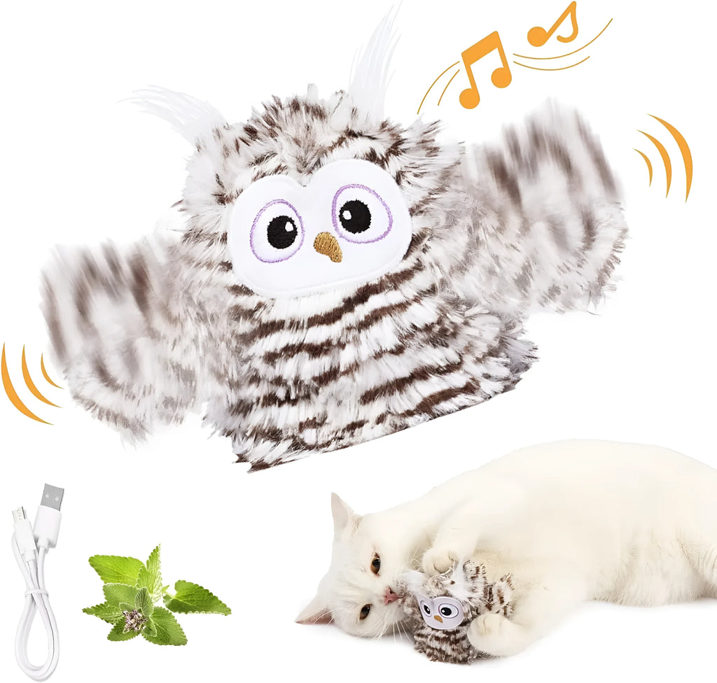 Gray automatic owl cat toy with beating wings on USB charger