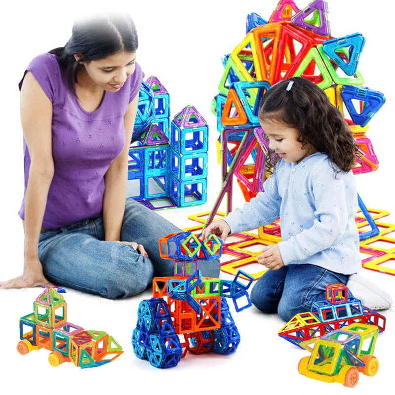 Magnetic building blocks in various sizes and colors, perfect for creative play and STEM learning