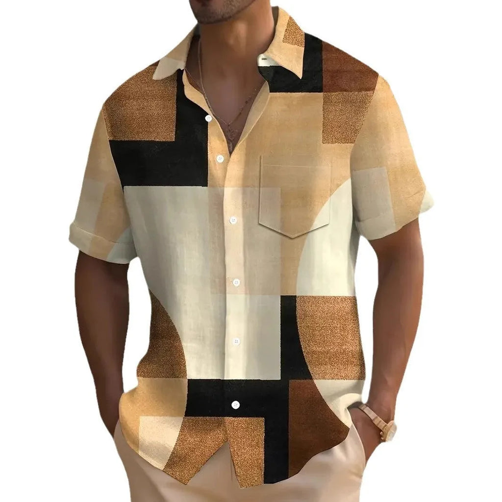 Men's retro geometric pattern cardigan shirt in loose fit with contrasting square design