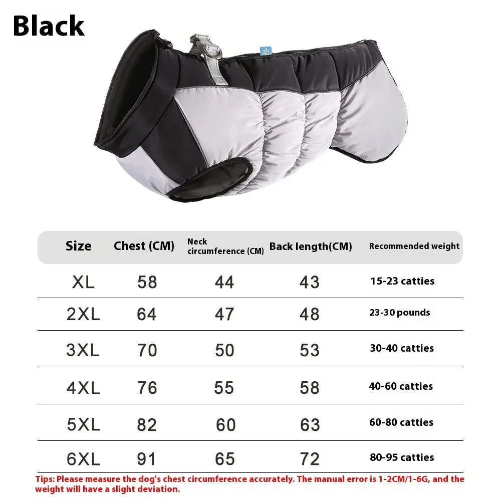 Large dog wearing a blue reflective waterproof winter coat with polar fleece lining.
