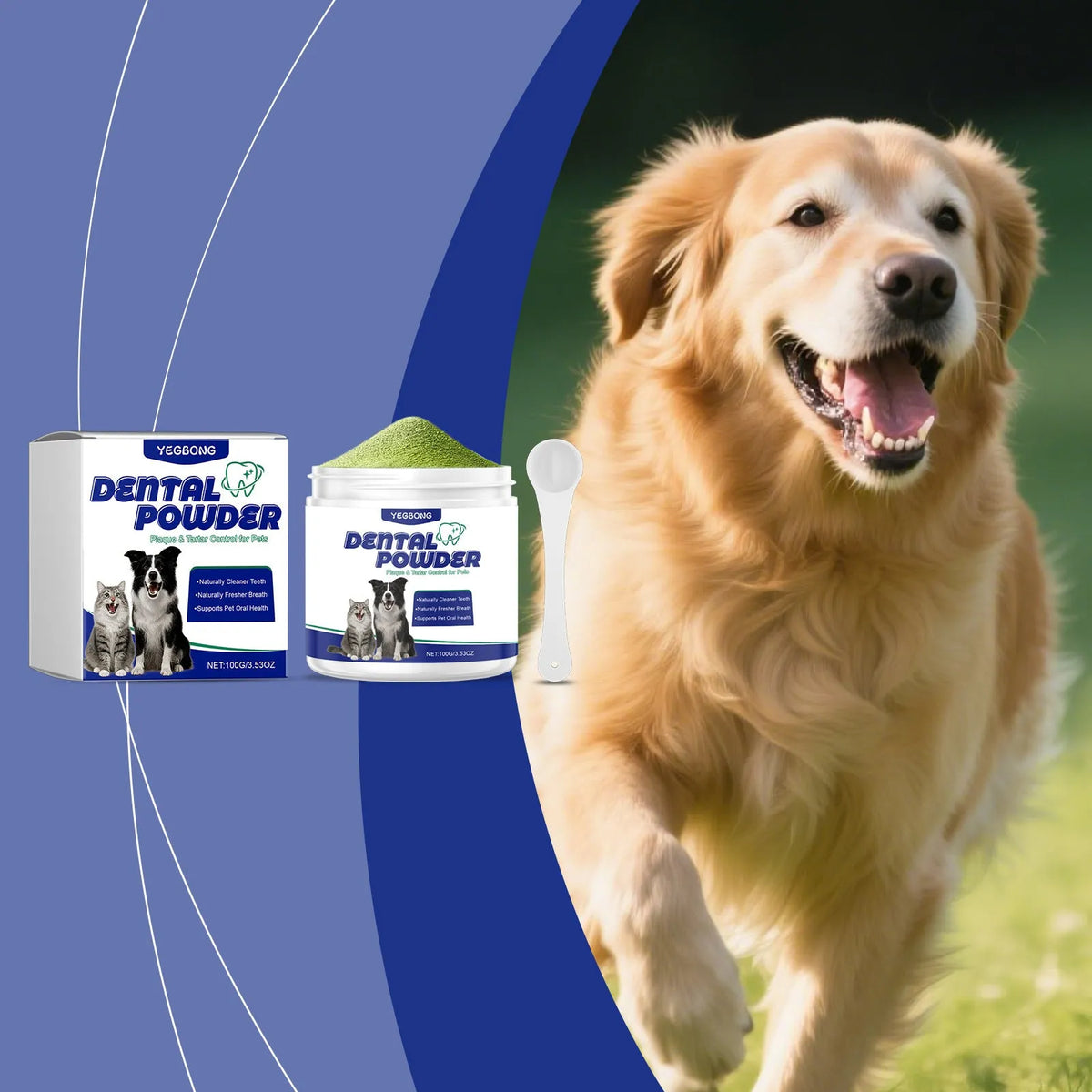 100g pet tooth cleaning powder tub for dog and cat oral hygiene with listed ingredients