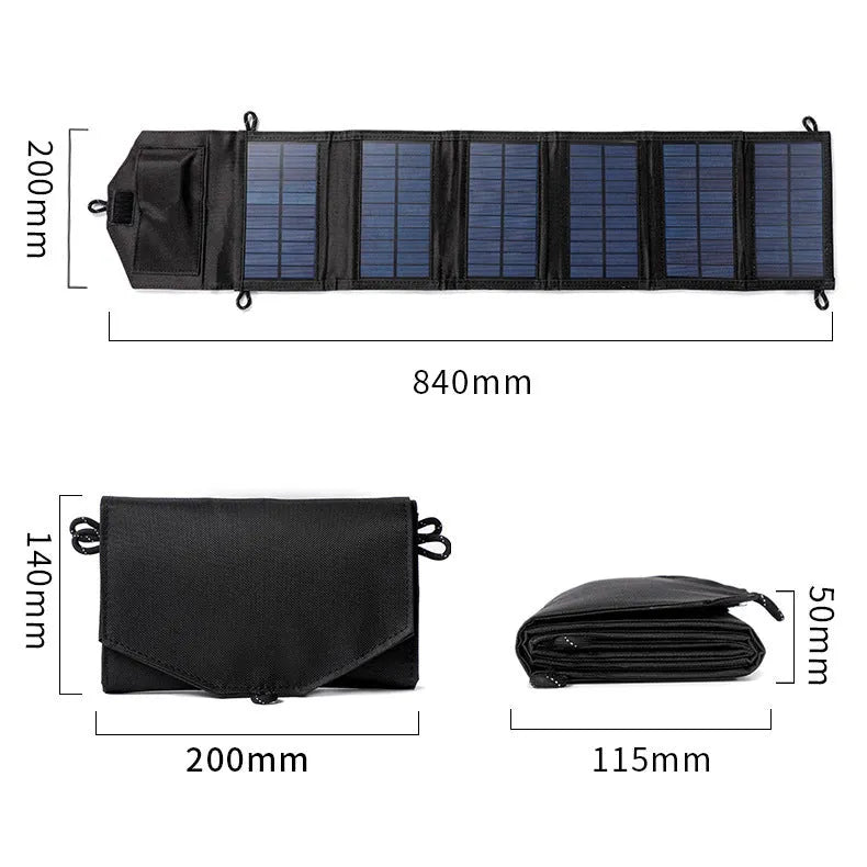Monocrystalline solar charging board panel portable outdoor power bank charger in black with foldable design
